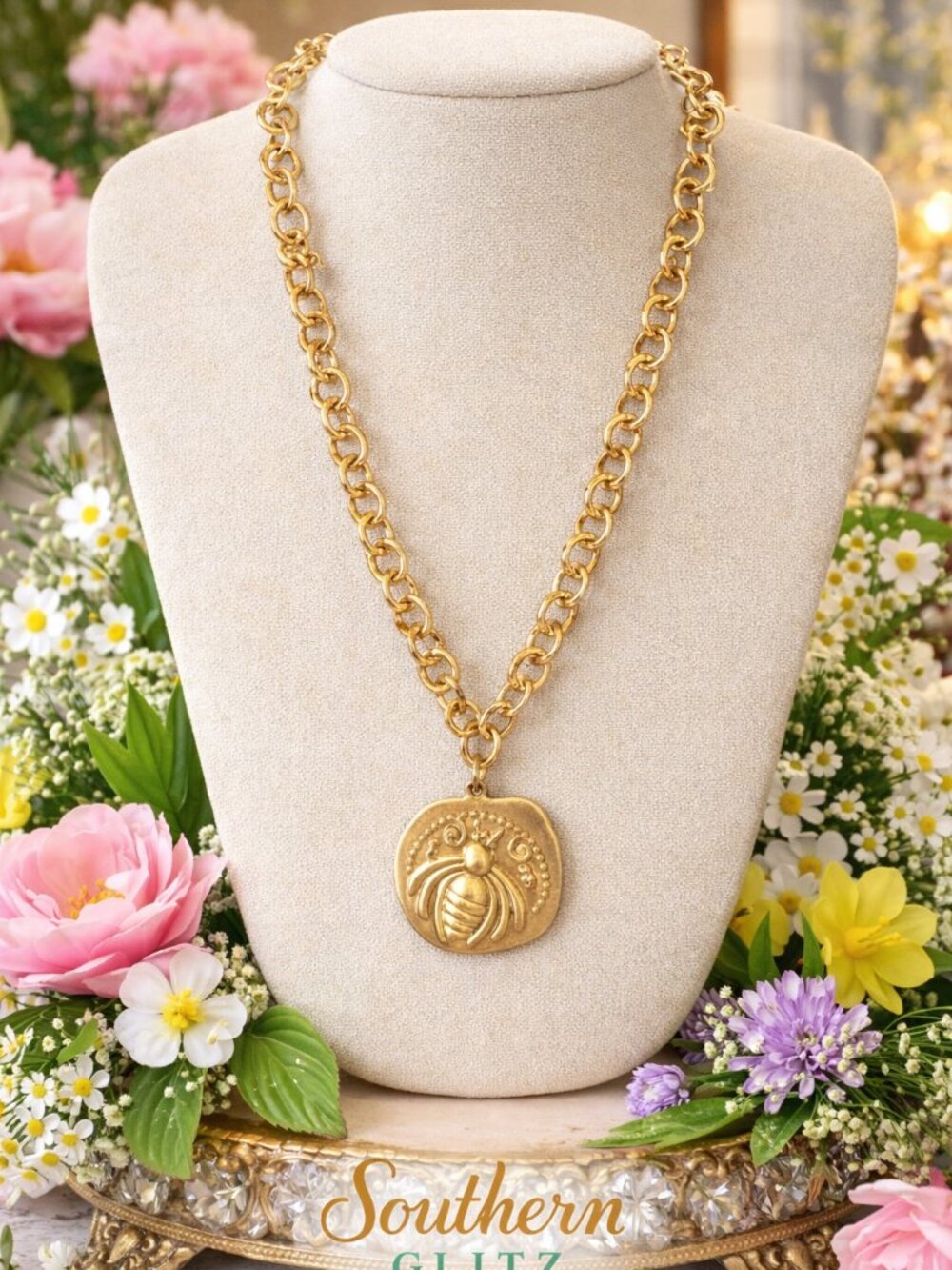 Gold Bee Pendant Necklace, Chunky Chain Necklace, Statement Bee Necklace